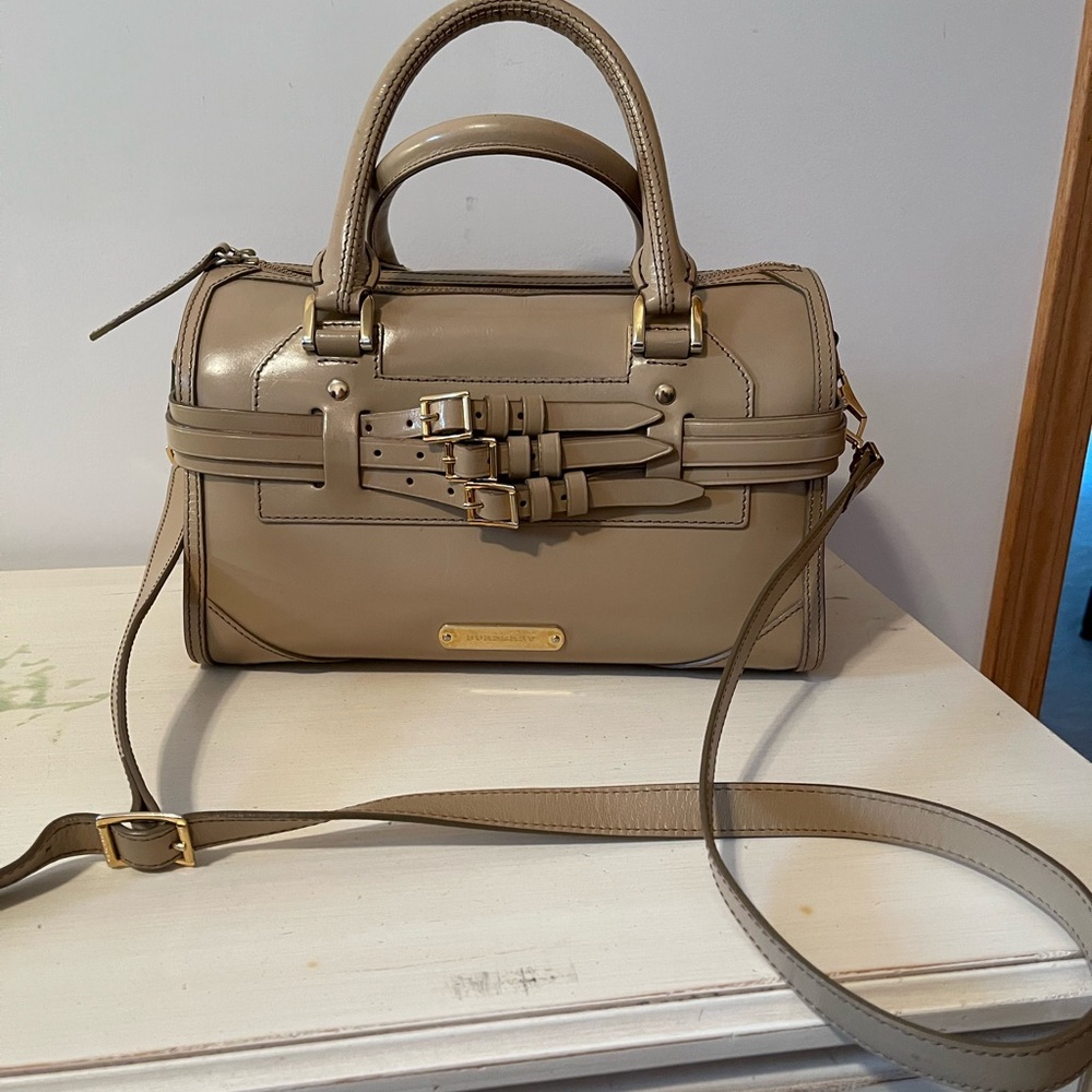 Authentic Burberry Taupe Satchel with Buckle Accents